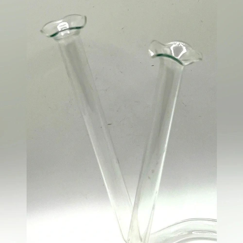VTG Hand Blown Infinity Tube Clear Glass Double Bud Vase Ruffled Edges MCM